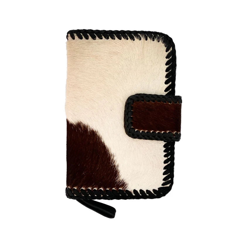 Cowhide Leather Phone Wallet – Braided Detail, Removable Wristlet, Snap Closure