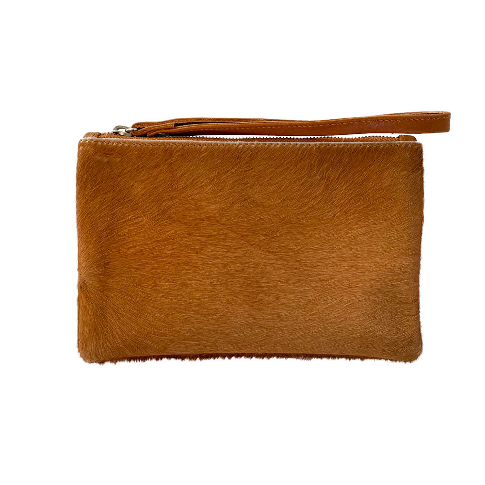 Cowhide Leather Pouch – Zip Closure, Wrist Strap, Canvas Interior