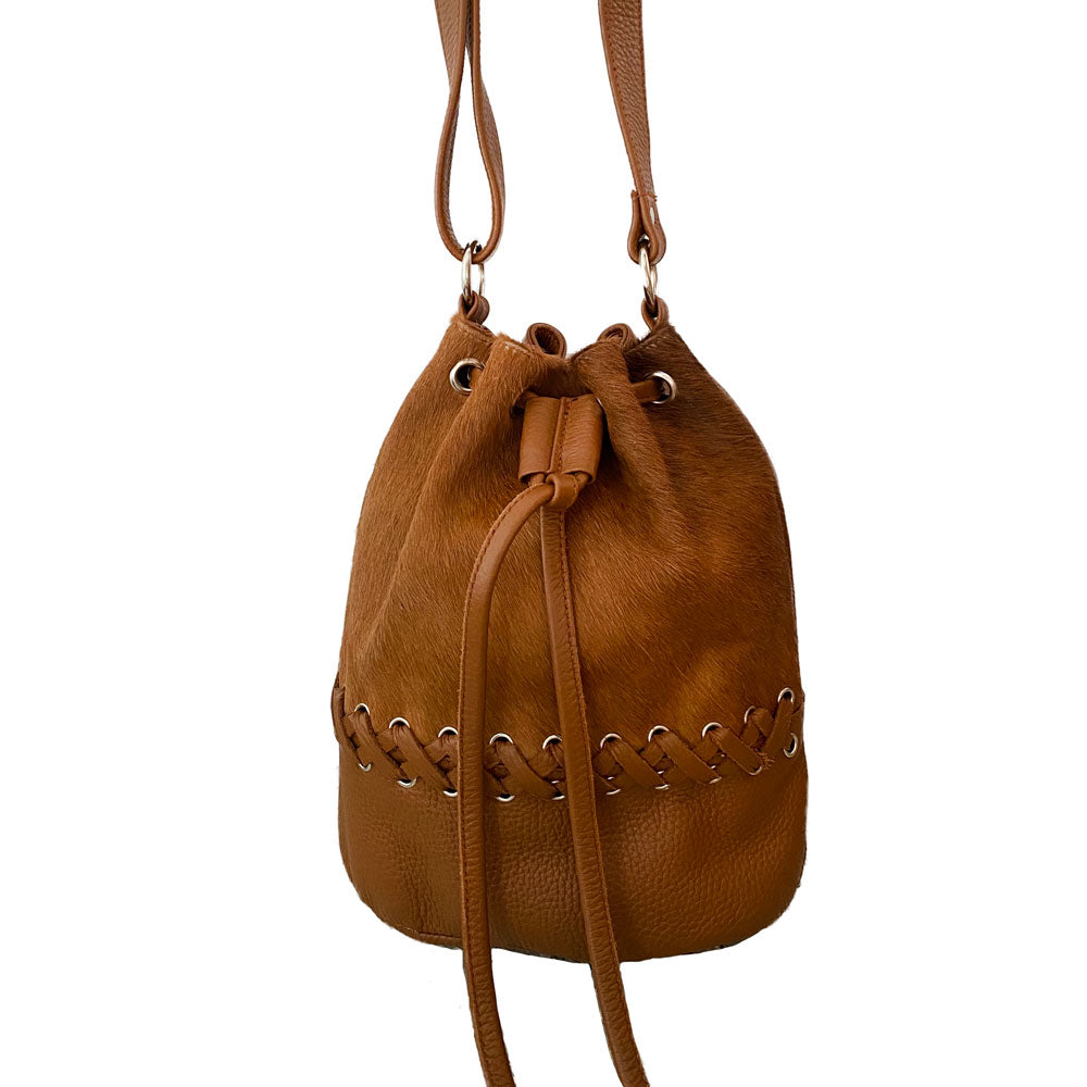 Leather Bucket Bag – Genuine Cowhide with Criss-Cross Braiding and Adjustable Strap