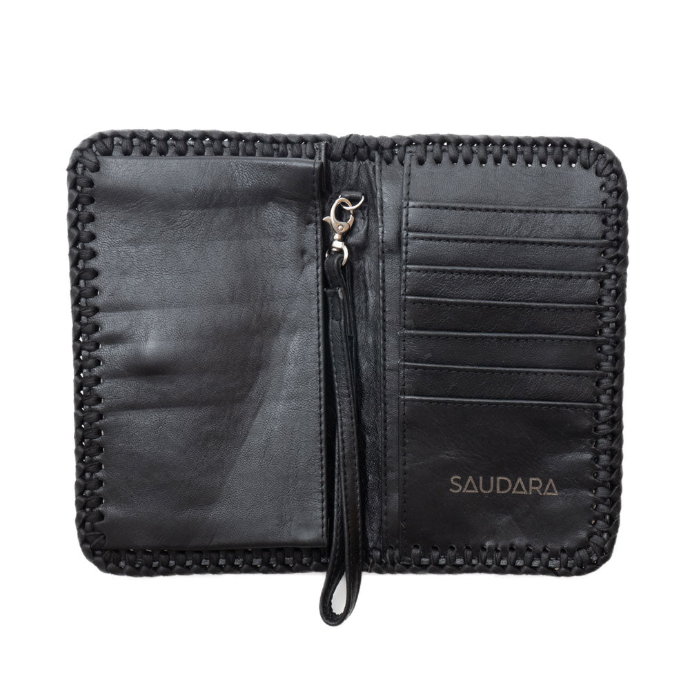 Cowhide Leather Phone Wallet – Braided Detail, Removable Wristlet, Snap Closure
