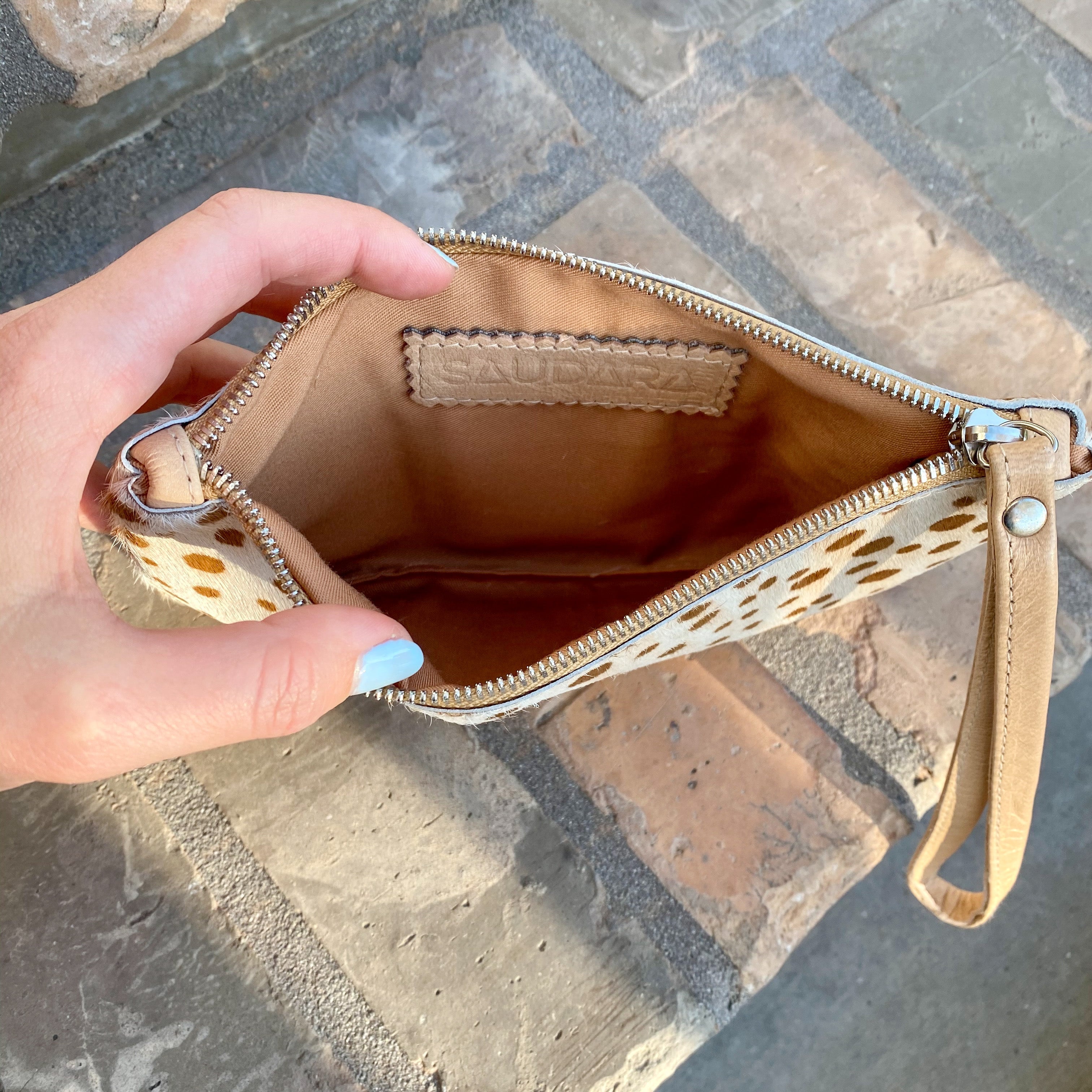 Cowhide Leather Pouch – Zip Closure, Wrist Strap, Canvas Interior