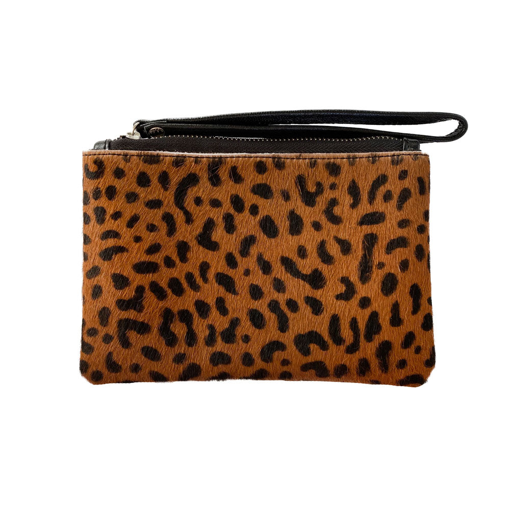 Cowhide Leather Pouch – Zip Closure, Wrist Strap, Canvas Interior