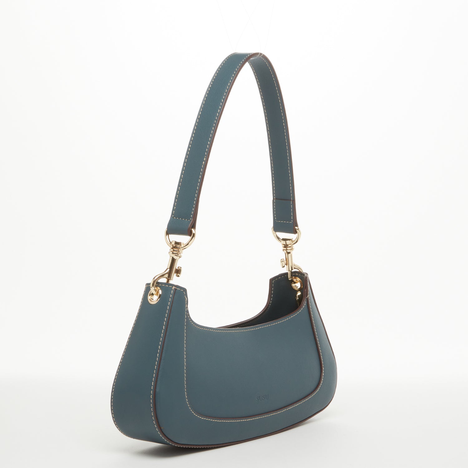 Leather Baguette Purse – East West Blue, Removable Strap, Zipper Closure