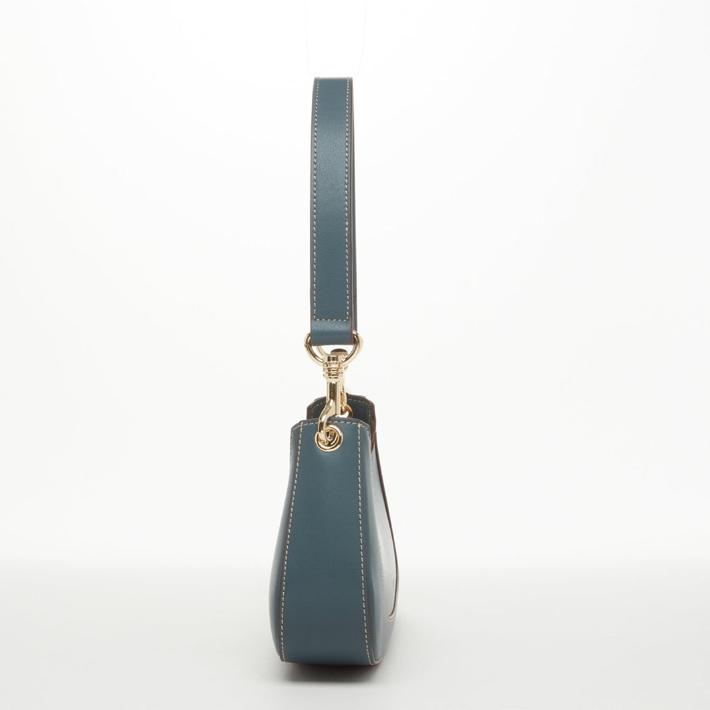 Leather Baguette Purse – East West Blue, Removable Strap, Zipper Closure