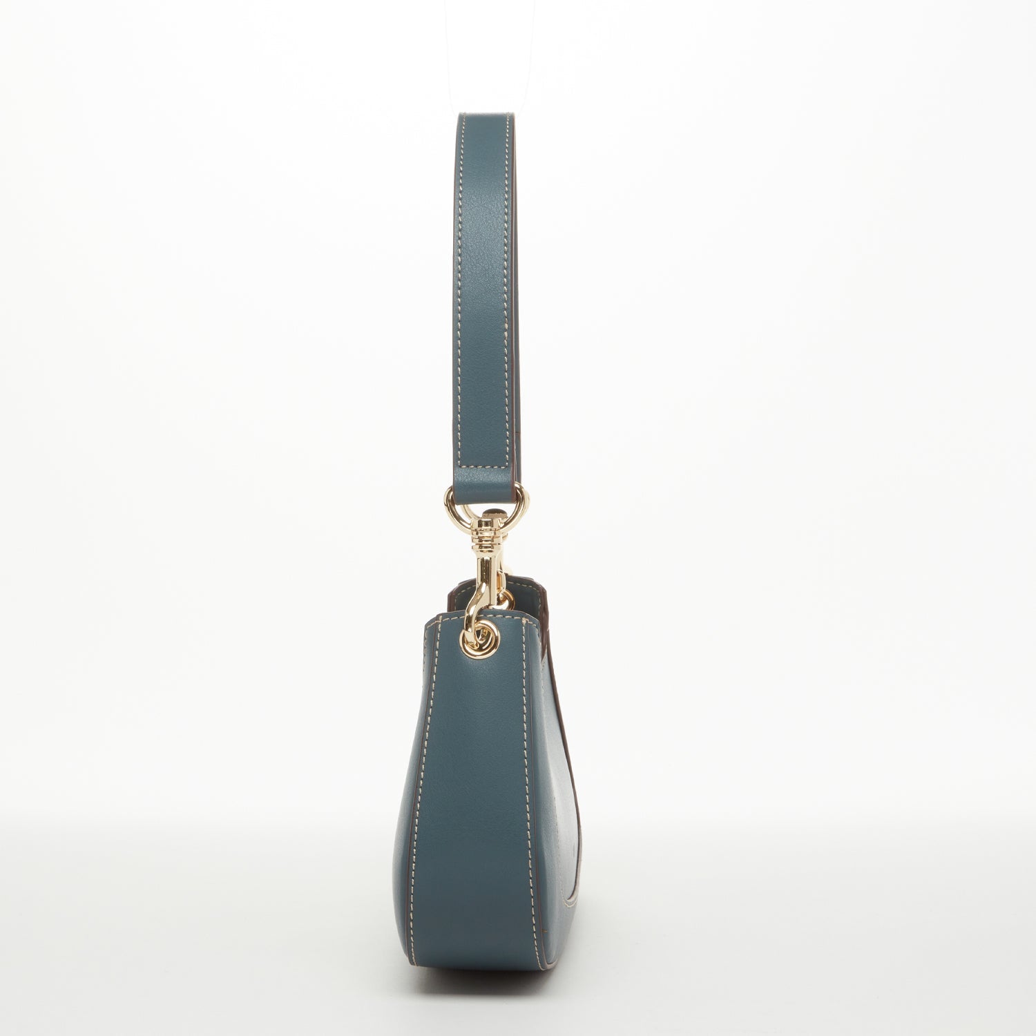 Leather Baguette Purse – East West Blue, Removable Strap, Zipper Closure