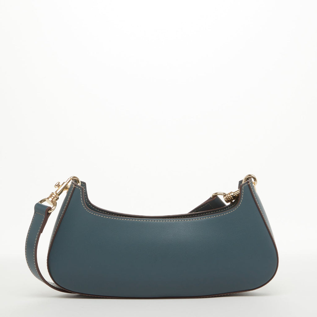 Leather Baguette Purse – East West Blue, Removable Strap, Zipper Closure