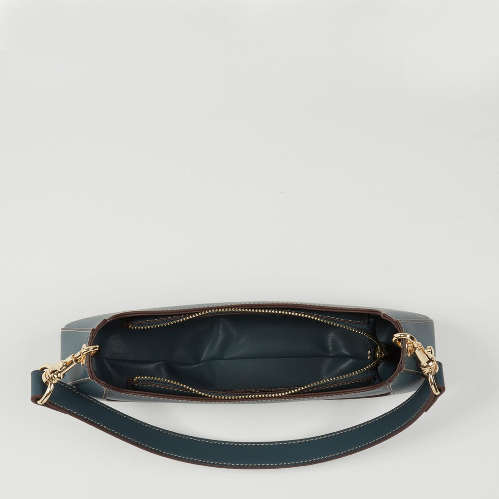 Leather Baguette Purse – East West Blue, Removable Strap, Zipper Closure
