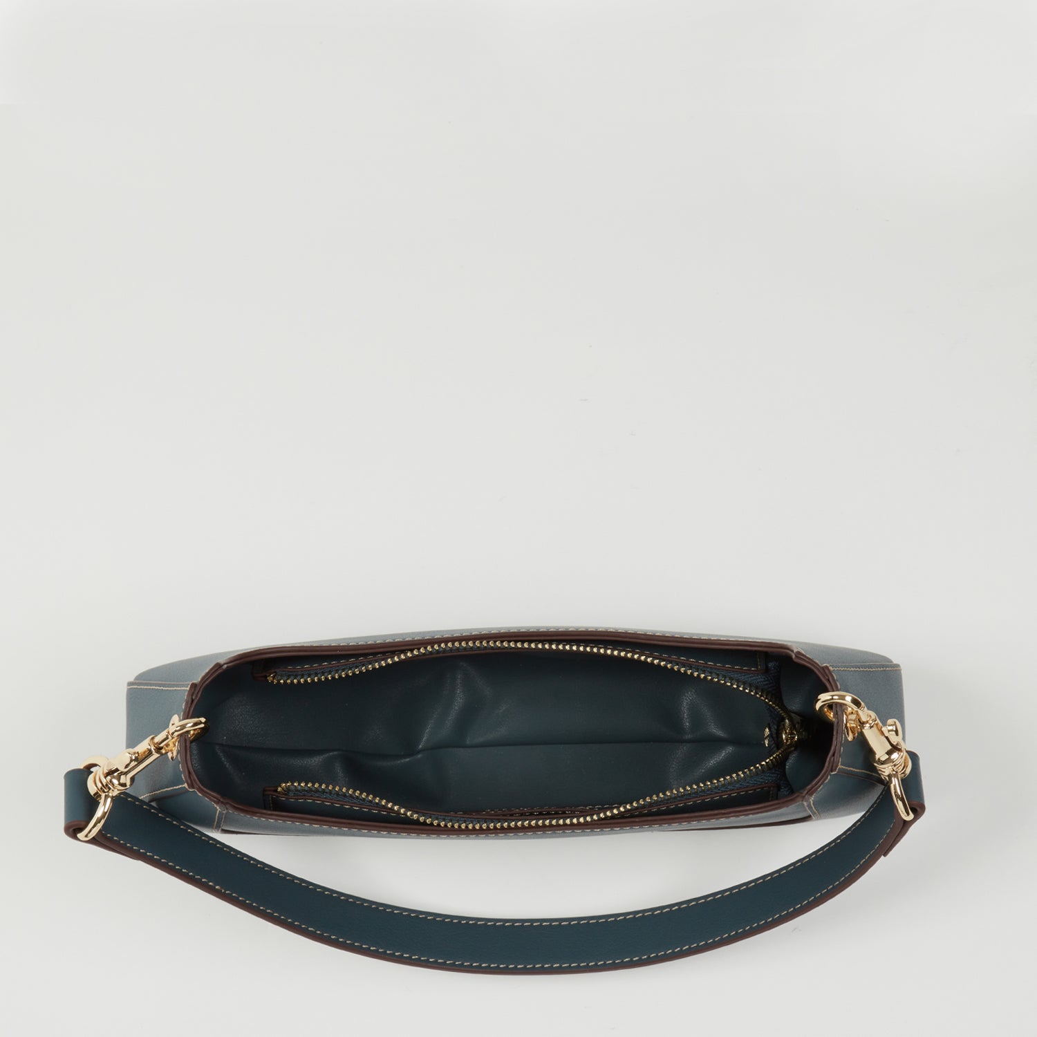 Leather Baguette Purse – East West Blue, Removable Strap, Zipper Closure