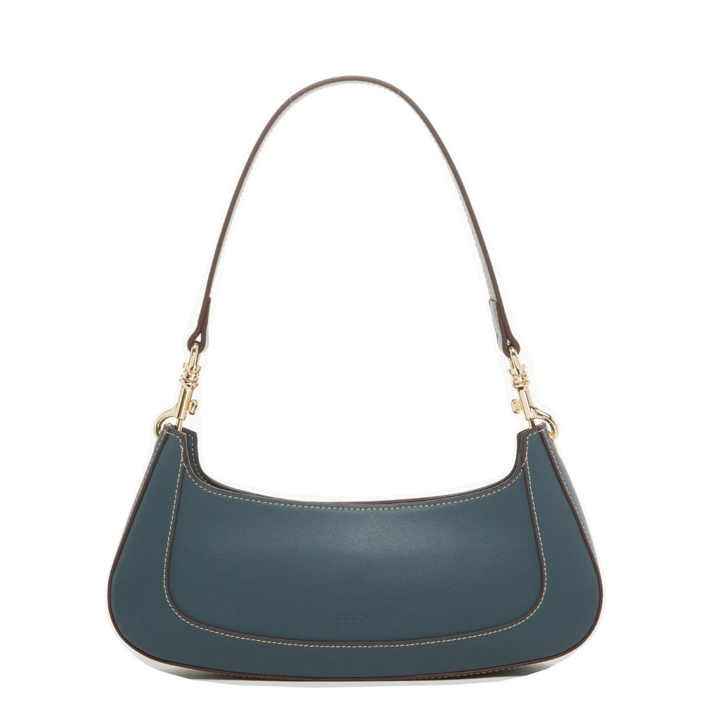 Leather Baguette Purse – East West Blue, Removable Strap, Zipper Closure