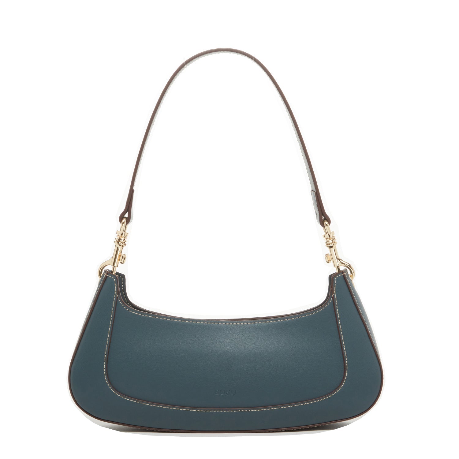 Leather Baguette Purse – East West Blue, Removable Strap, Zipper Closure