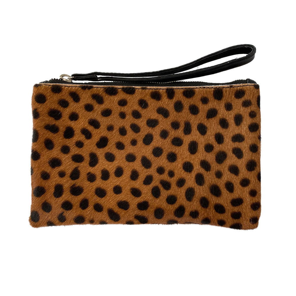 Cowhide Leather Pouch – Zip Closure, Wrist Strap, Canvas Interior