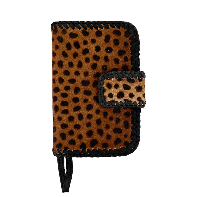 Cowhide Leather Phone Wallet – Braided Detail, Removable Wristlet, Snap Closure