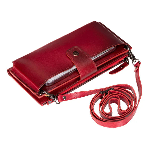 Leather Women's Cell Phone Wallet with Strap – Crossbody, Multi-Compartment