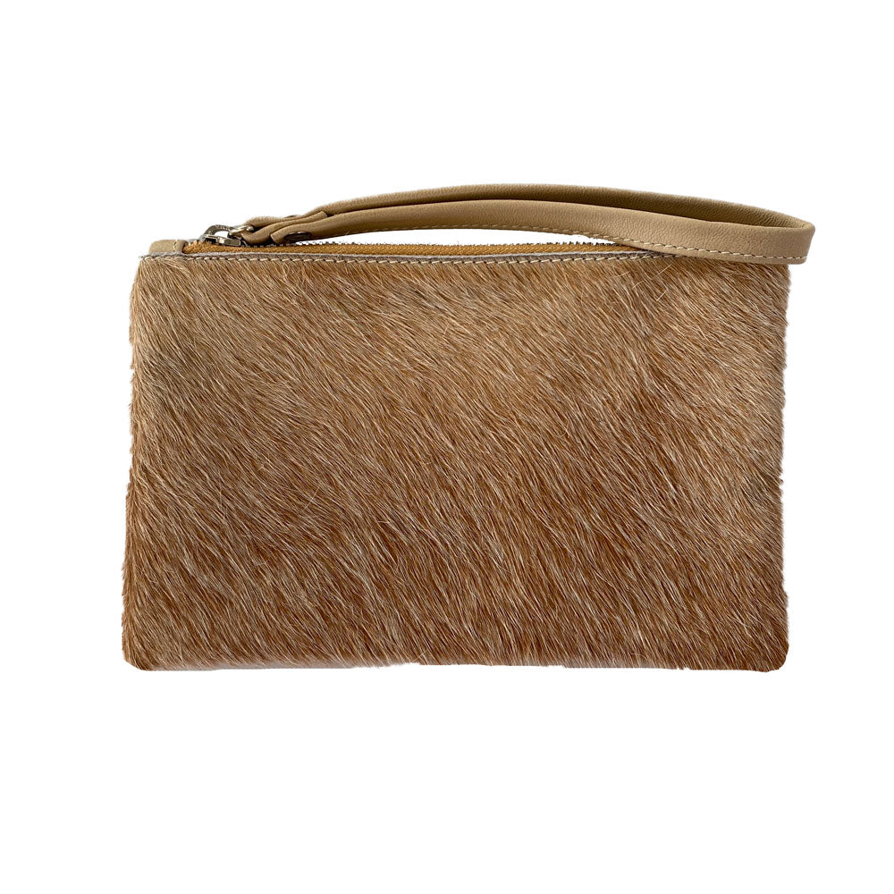 Cowhide Leather Pouch – Zip Closure, Wrist Strap, Canvas Interior