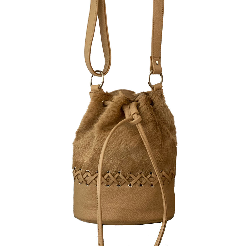 Leather Bucket Bag – Genuine Cowhide with Criss-Cross Braiding and Adjustable Strap