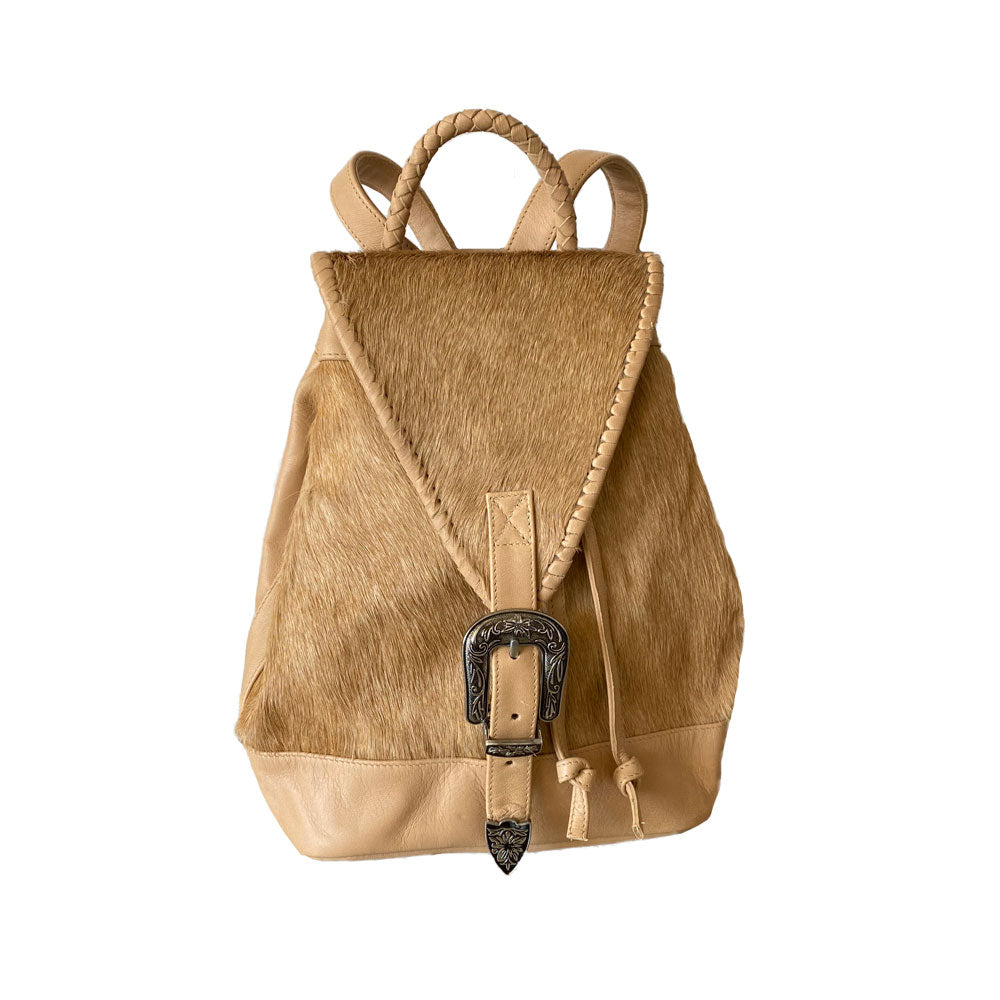 Leather Cowhide Backpack – Western Buckle, Braided Handle, Canvas Interior