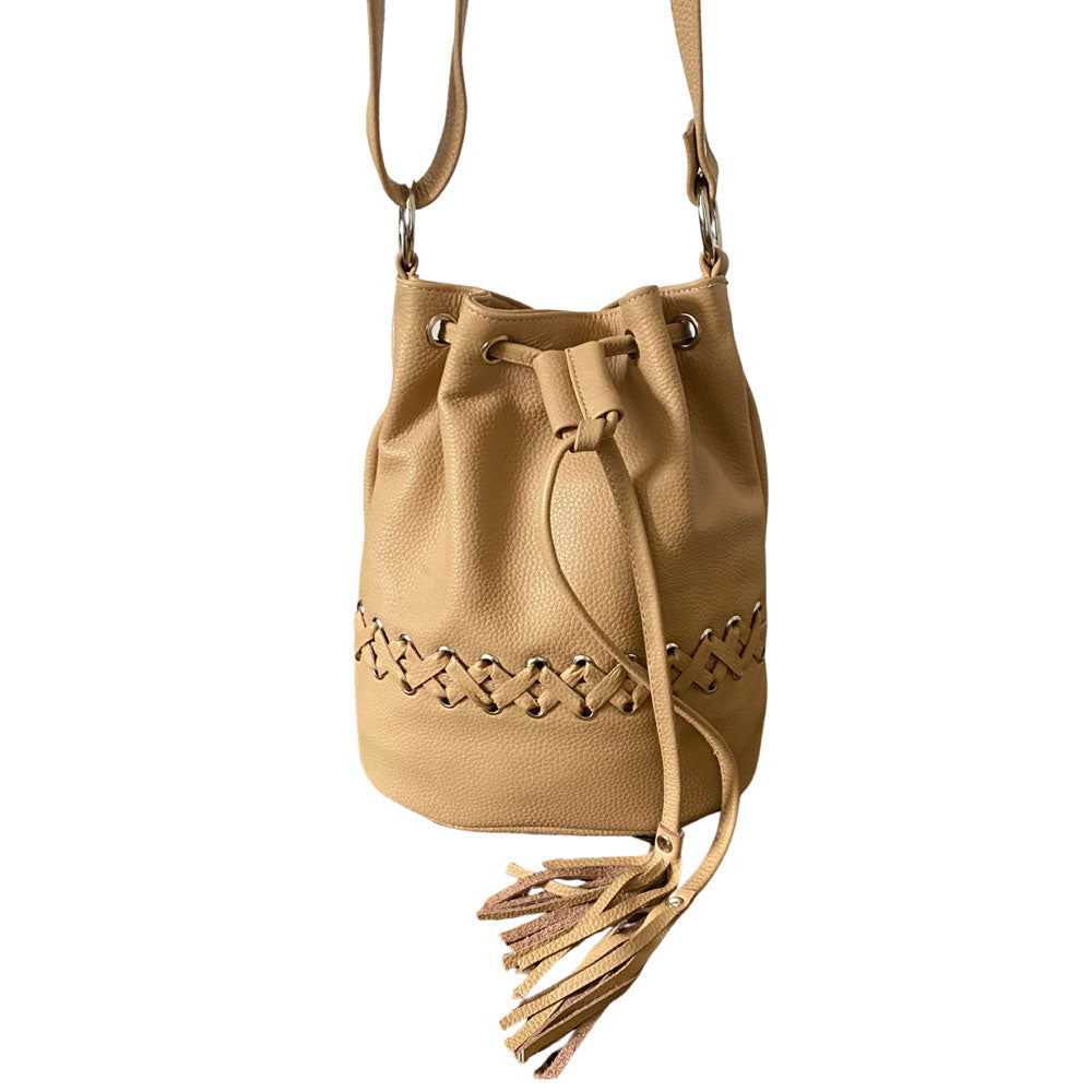 Leather Bucket Bag – Genuine Cowhide with Criss-Cross Braiding and Adjustable Strap
