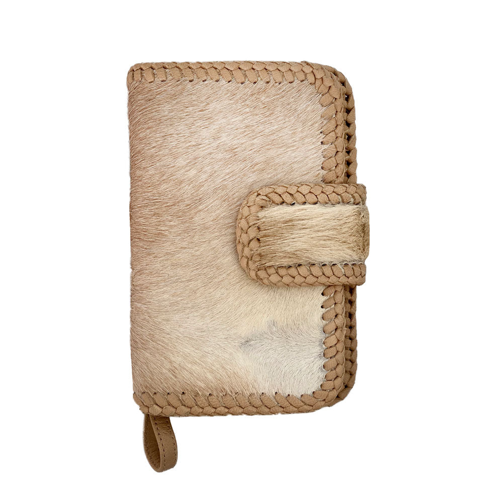 Cowhide Leather Phone Wallet – Braided Detail, Removable Wristlet, Snap Closure