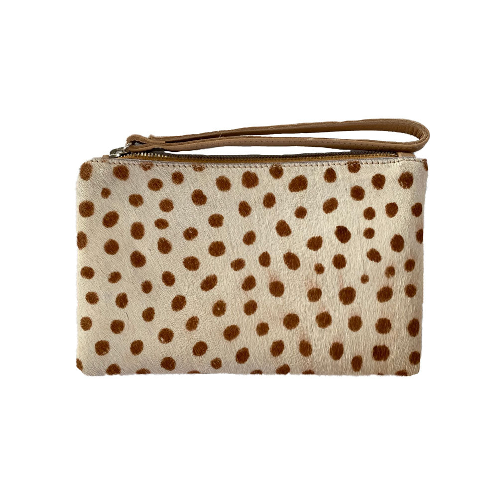 Cowhide Leather Pouch – Zip Closure, Wrist Strap, Canvas Interior